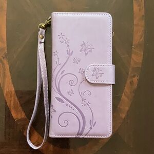🍁iPhone 16 Pro Max purple wallet cell phone case with carry strap..NWT